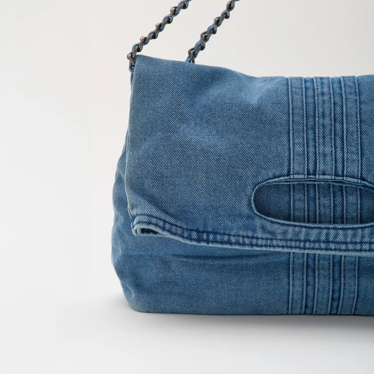 Shoulder Bag Upcycled Denim with Chain Handles and Snap Closure