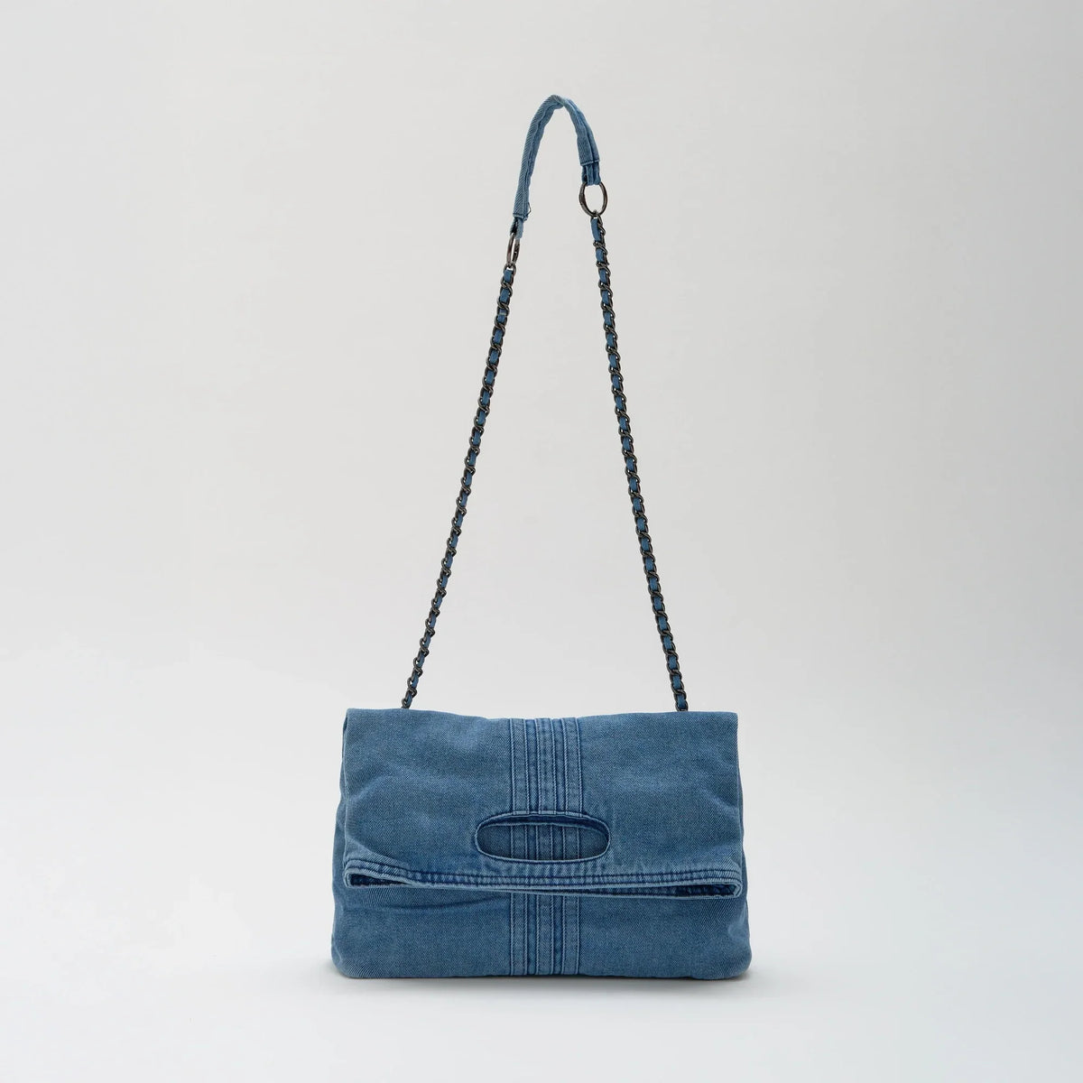 Shoulder Bag Upcycled Denim with Chain Handles and Snap Closure