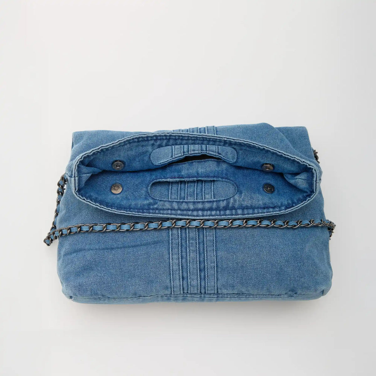 Shoulder Bag Upcycled Denim with Chain Handles and Snap Closure
