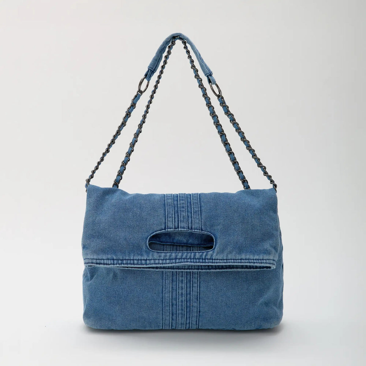 Shoulder Bag Upcycled Denim with Chain Handles and Snap Closure