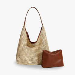 Hobo Bag Straw Faux Leather with Removable Zip Pouch