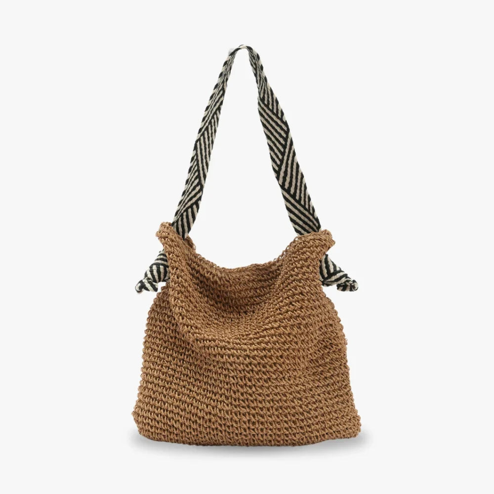 Straw Bag with Faux Leather Finishes and Braided Rope Strap