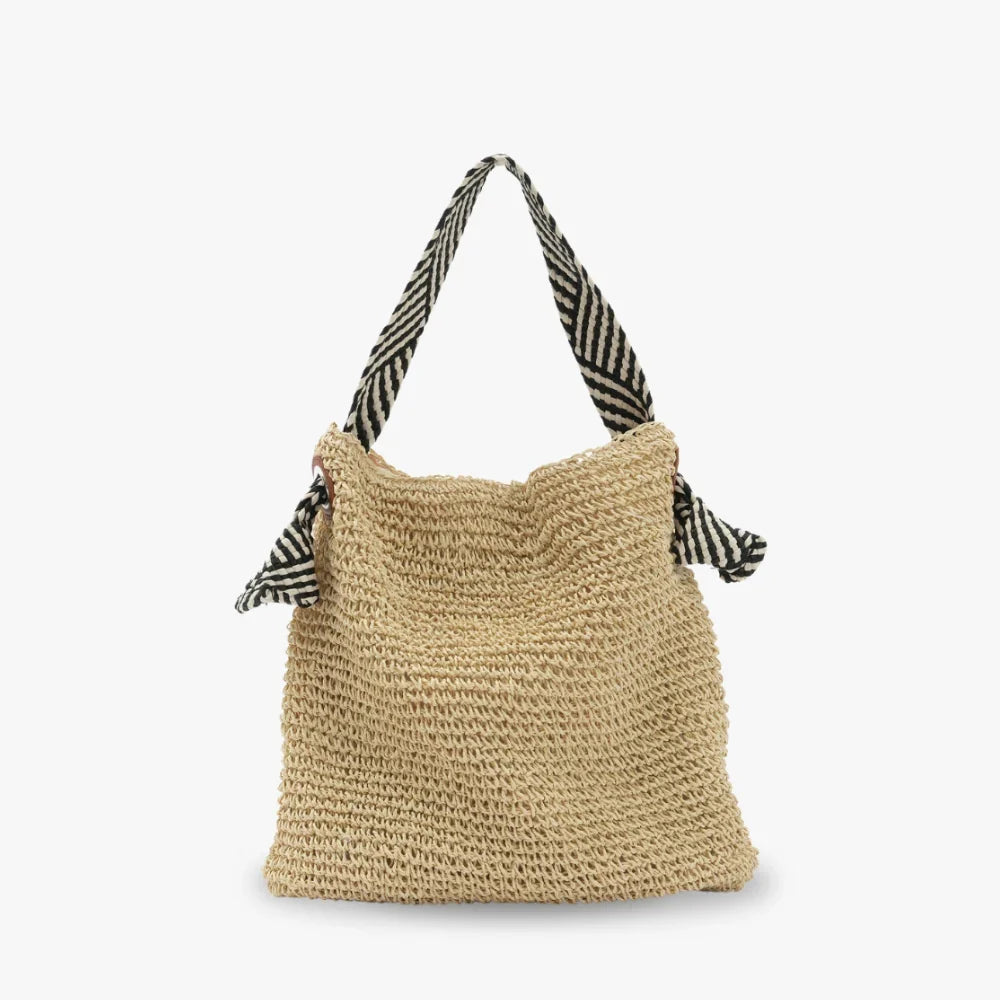 Straw Bag with Faux Leather Finishes and Braided Rope Strap