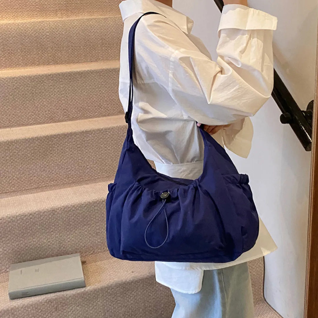 Crossbody Bag Checkered Nylon Polyester with Drawstring Front Pocket