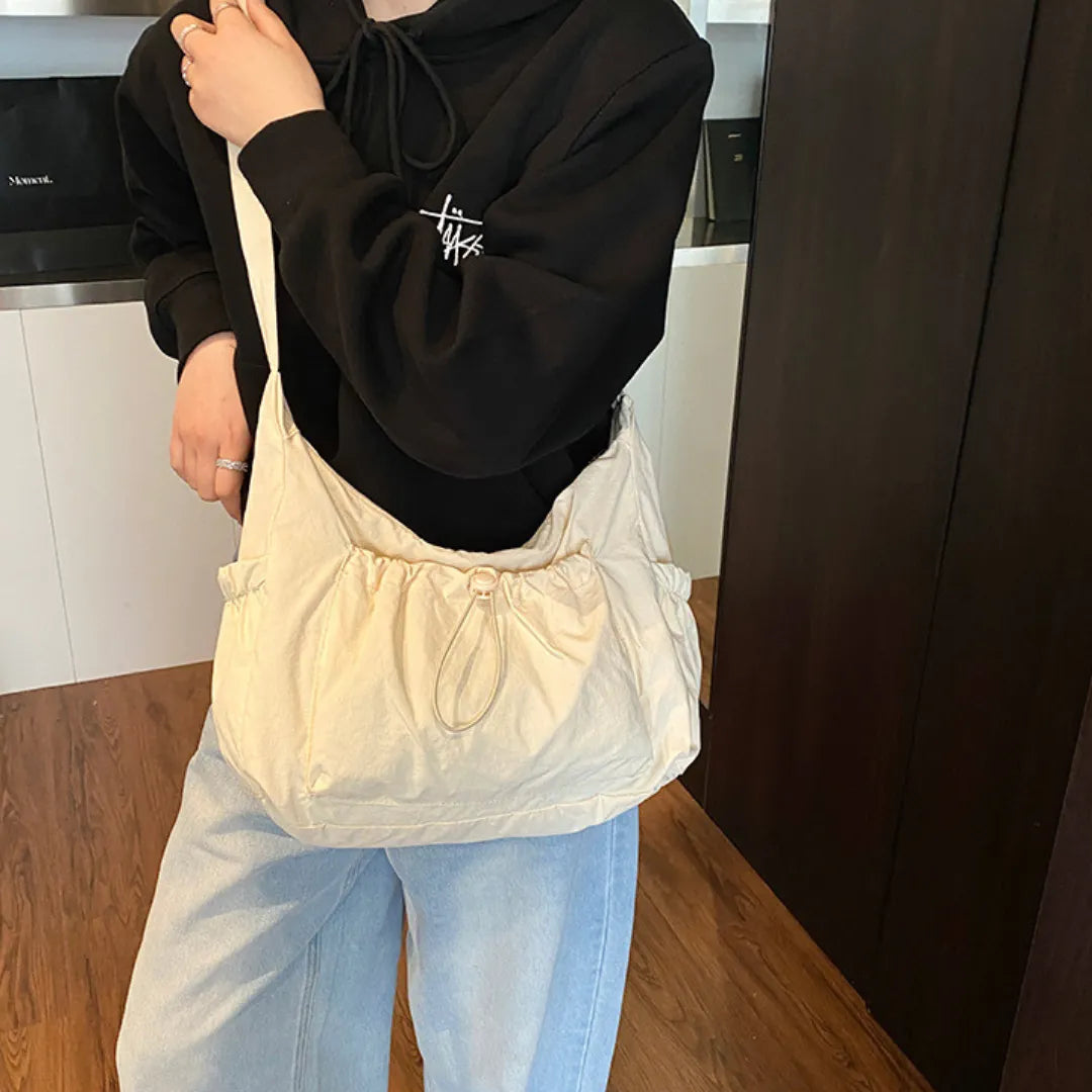 Crossbody Bag Checkered Nylon Polyester with Drawstring Front Pocket