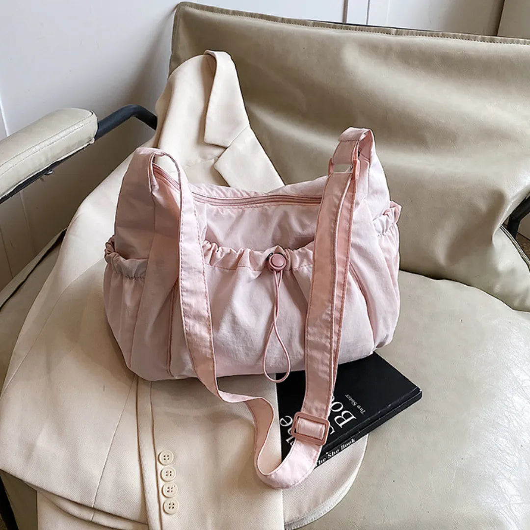 Crossbody Bag Checkered Nylon Polyester with Drawstring Front Pocket