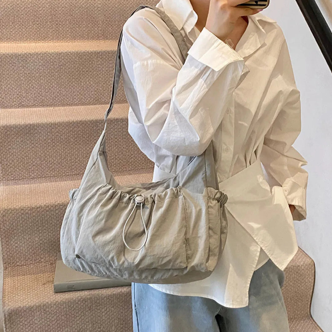 Crossbody Bag Checkered Nylon Polyester with Drawstring Front Pocket