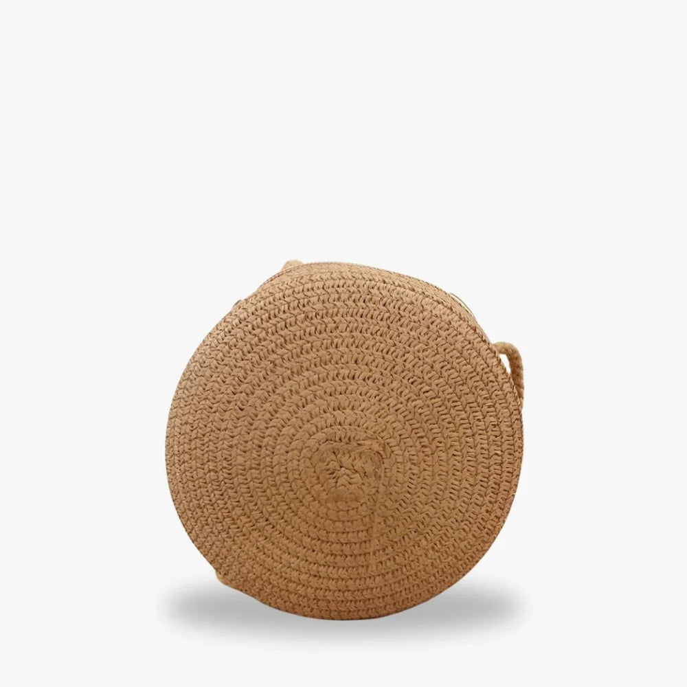 Round straw bag with zip closure and rope shoulder strap