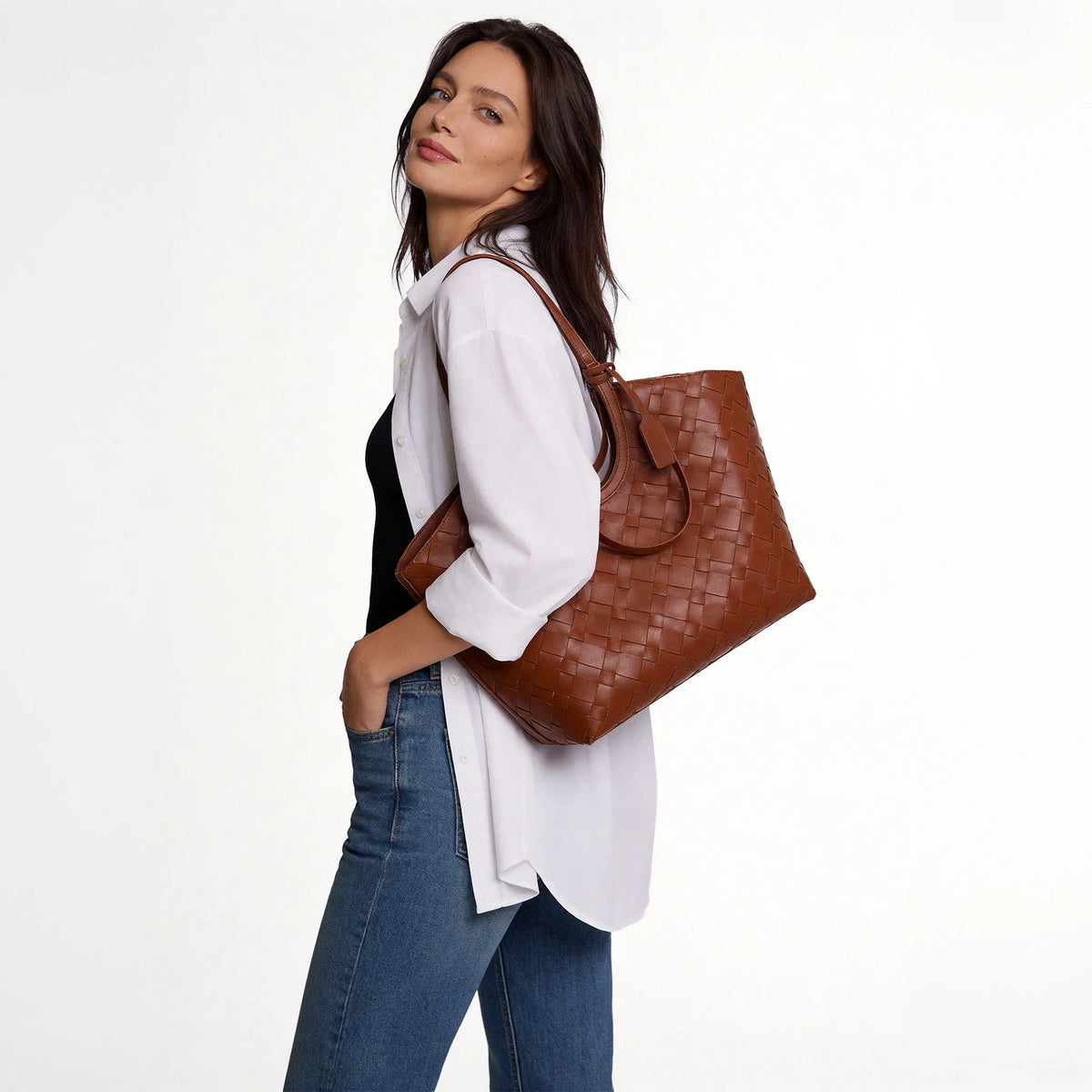 Tote Bag Woven Faux Leather with Magnetic Closure and Zip Pouch