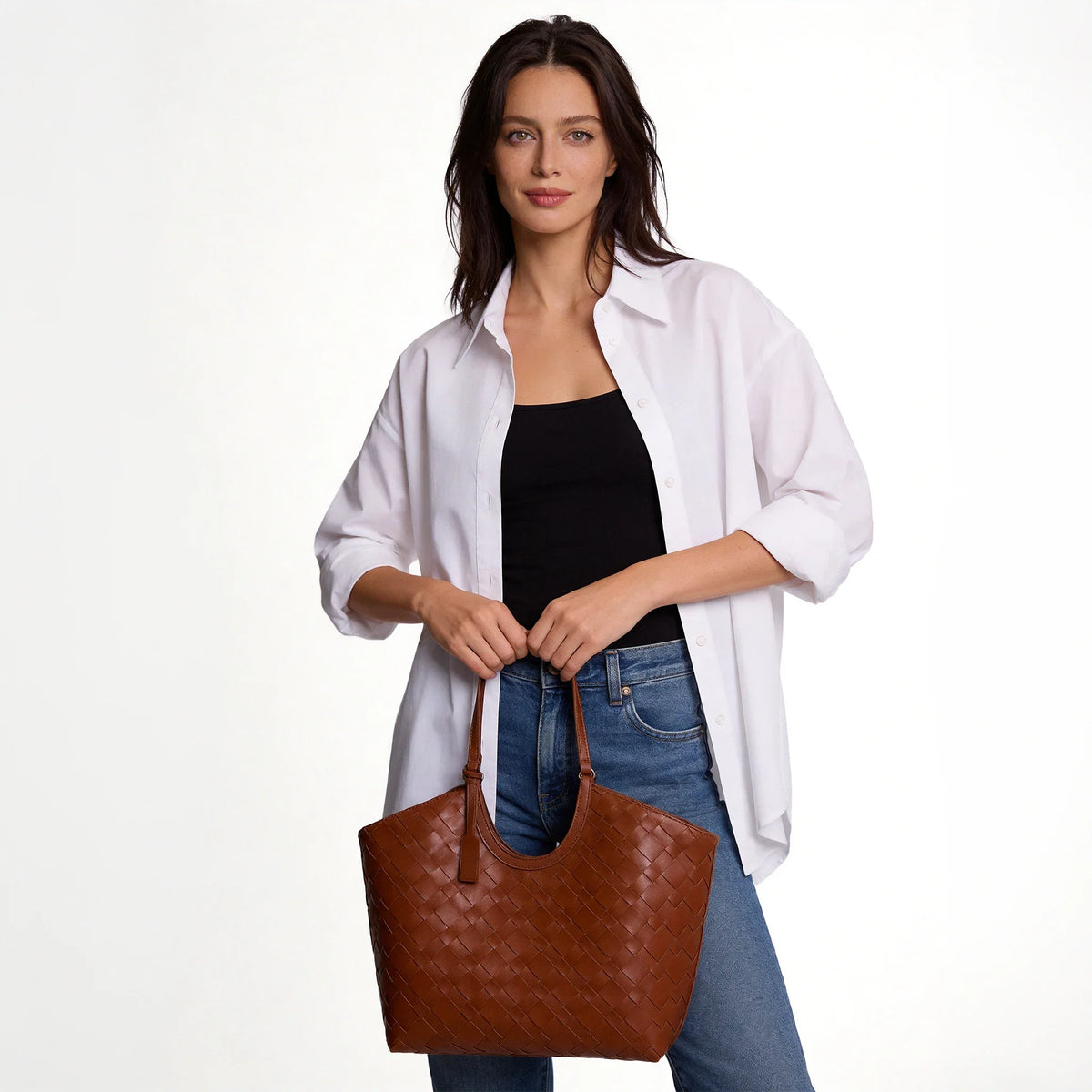 Tote Bag Woven Faux Leather with Magnetic Closure and Zip Pouch