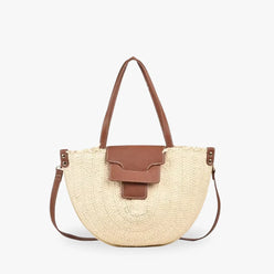 Tote Bag Straw with Faux Leather Trim and Removable Strap