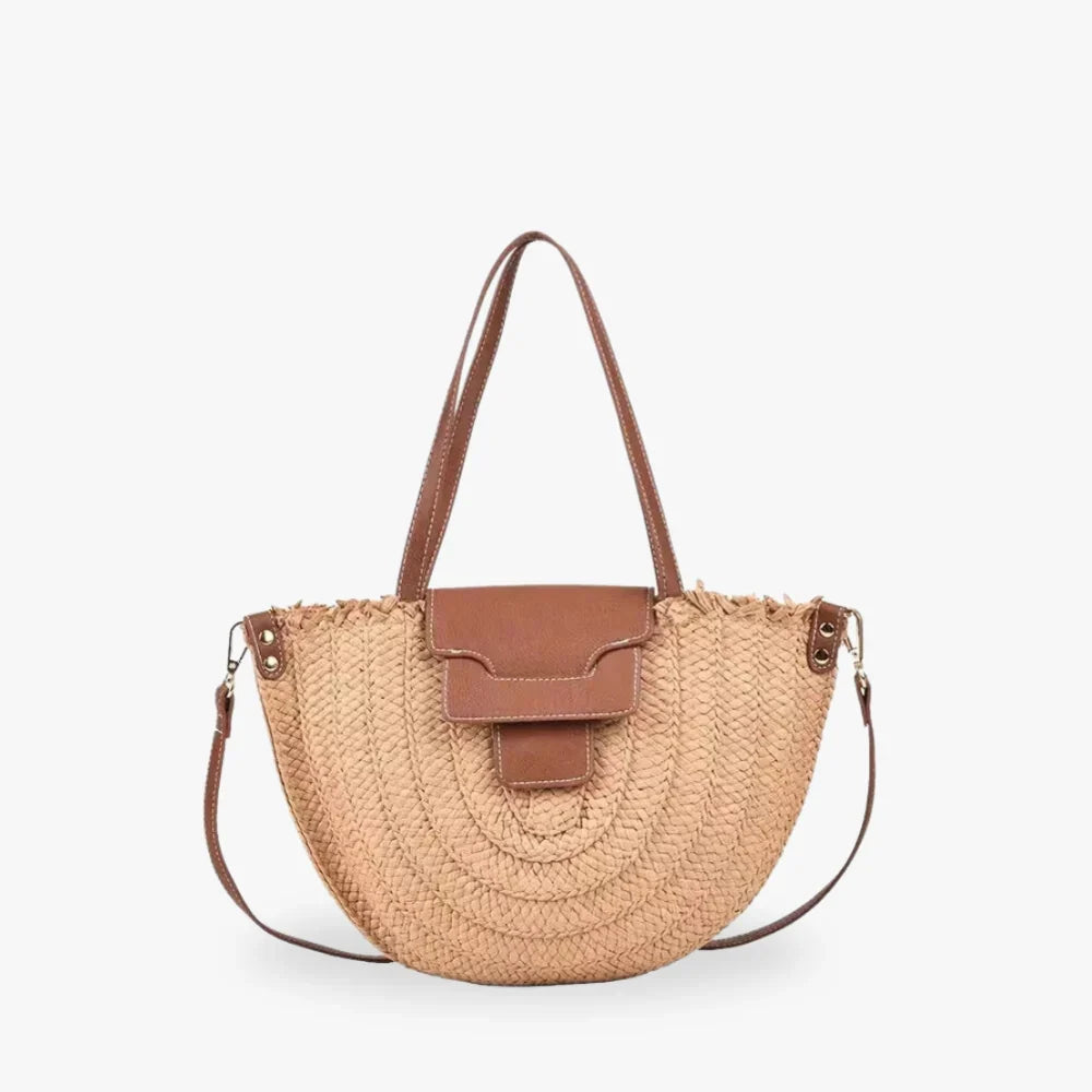 Tote Bag Straw with Faux Leather Trim and Removable Strap