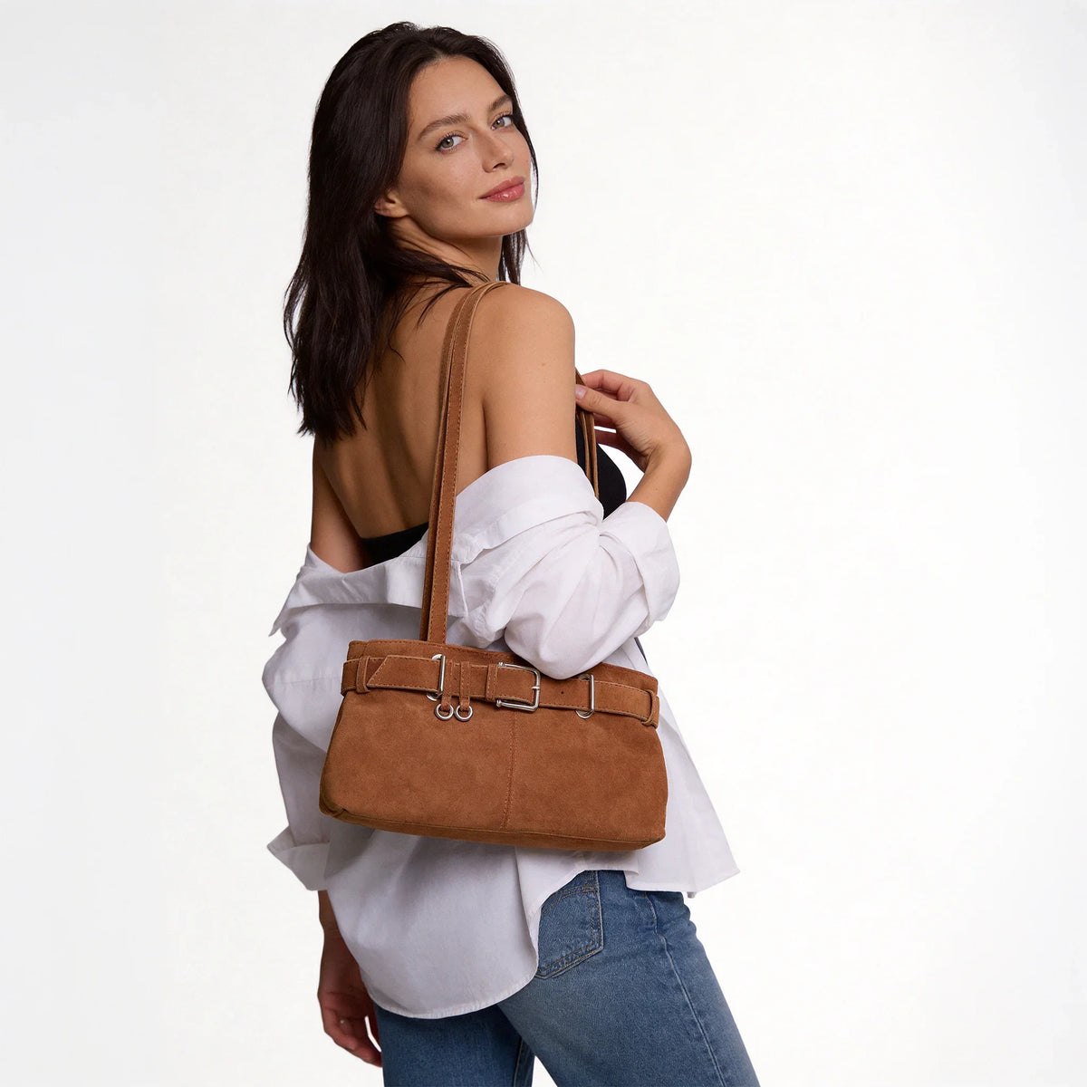 Shoulder Bag Faux Suede with Front Belt and Top Zip