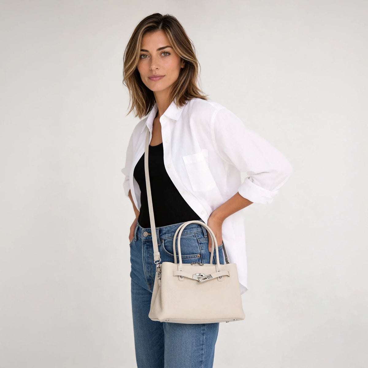 Top Handle Bag Grained Leather with Removable Crossbody Strap