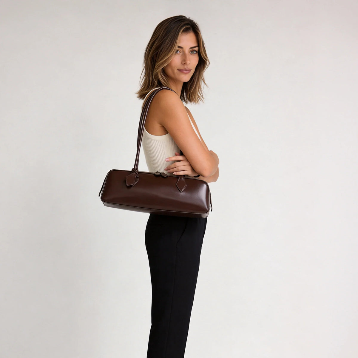 Shoulder Bag Genuine Leather with Top Zip and Slim Handles