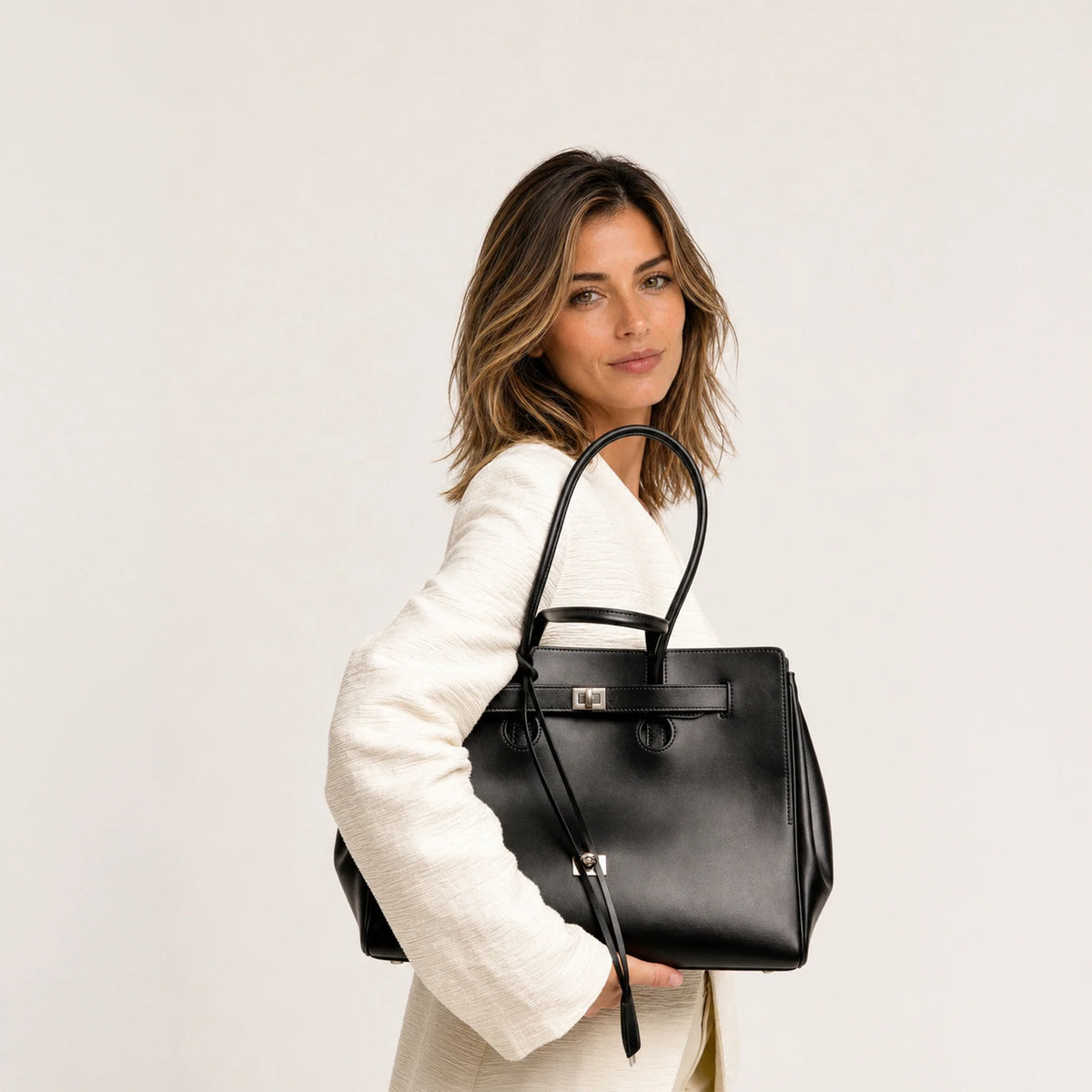 Tote Bag Faux Leather with Side Snap Buttons for 15-Inch Laptop