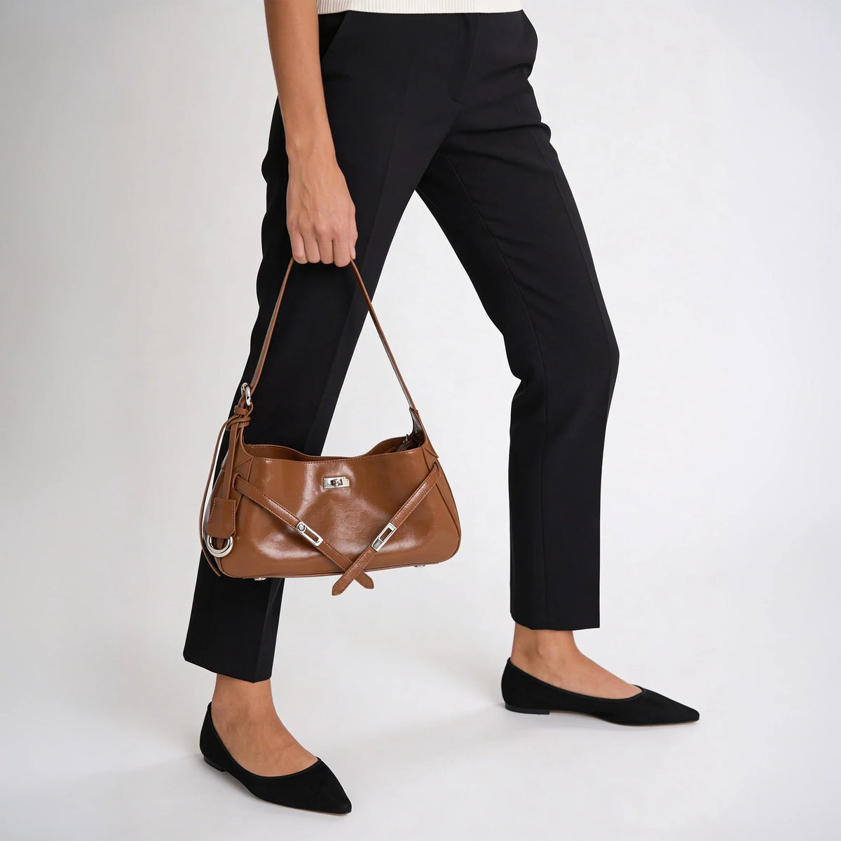 Shoulder Bag Genuine Leather with Turn-Lock and Removable Pouch