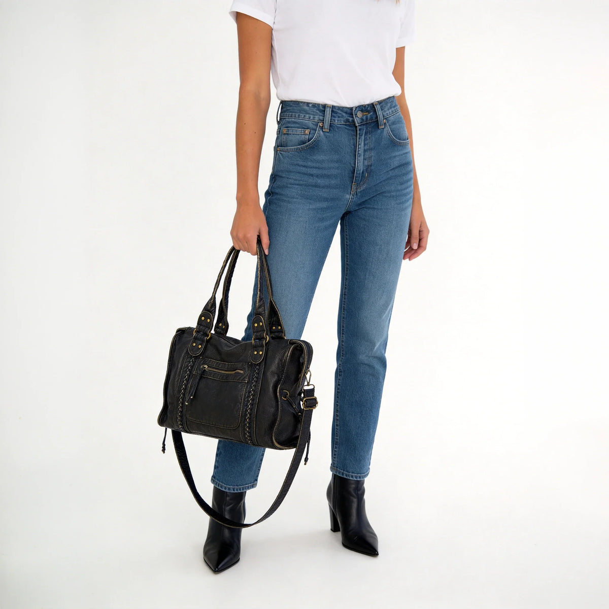 Crossbody Bag Grained Faux Leather with Top Handles and Zip Pockets