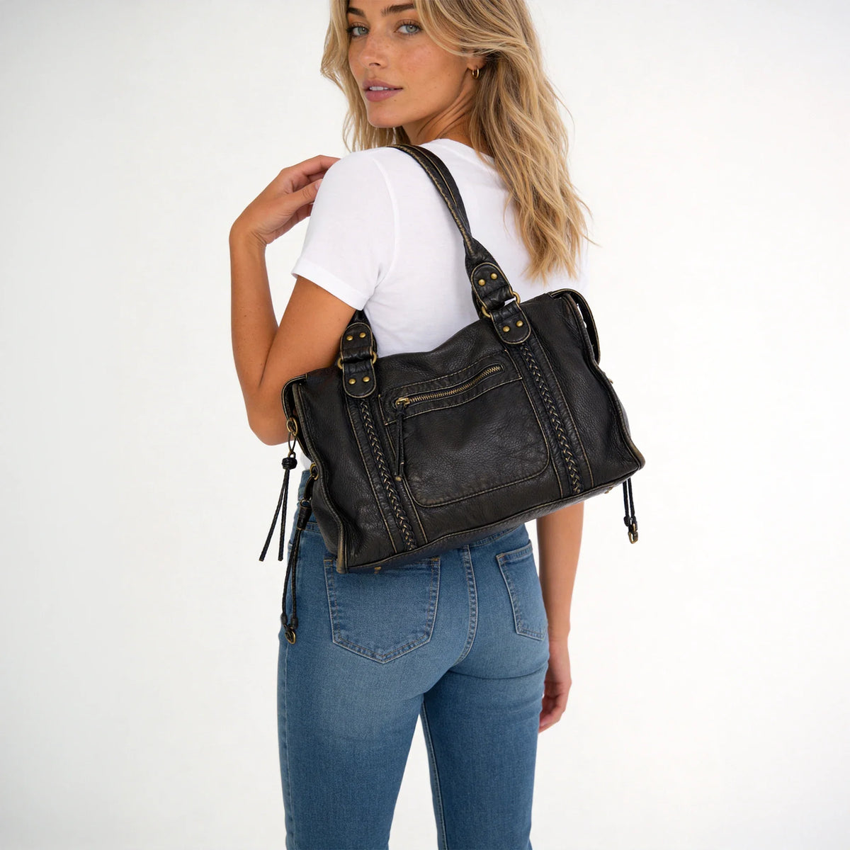 Crossbody Bag Grained Faux Leather with Top Handles and Zip Pockets