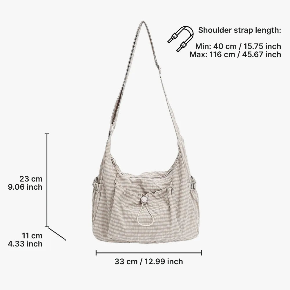 Crossbody Bag Checkered Nylon Polyester with Drawstring Front Pocket
