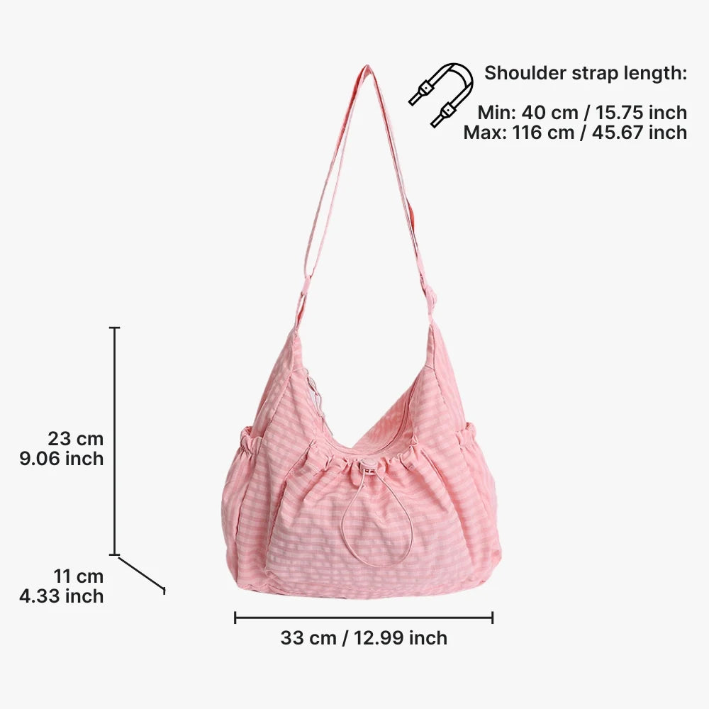 Crossbody Bag Checkered Nylon Polyester with Drawstring Front Pocket