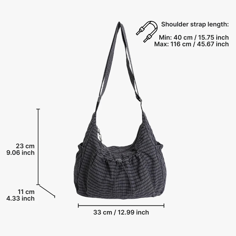 Crossbody Bag Checkered Nylon Polyester with Drawstring Front Pocket