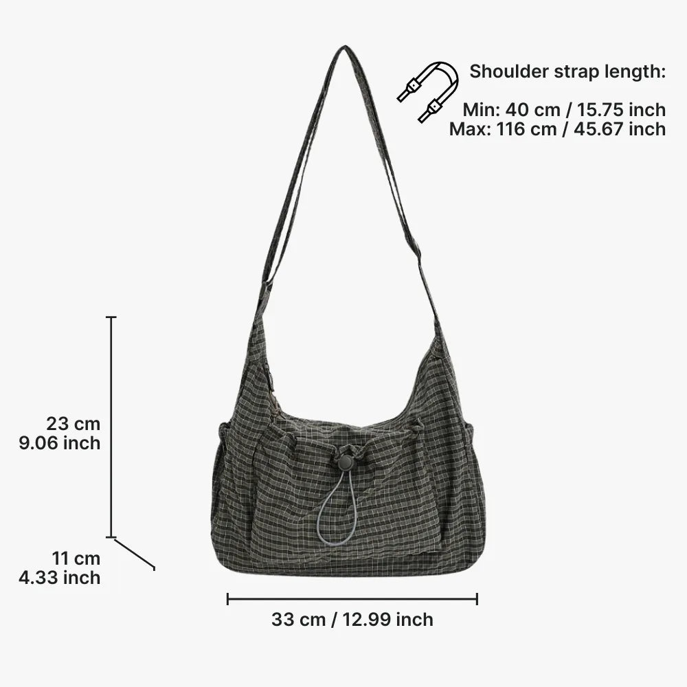 Crossbody Bag Checkered Nylon Polyester with Drawstring Front Pocket