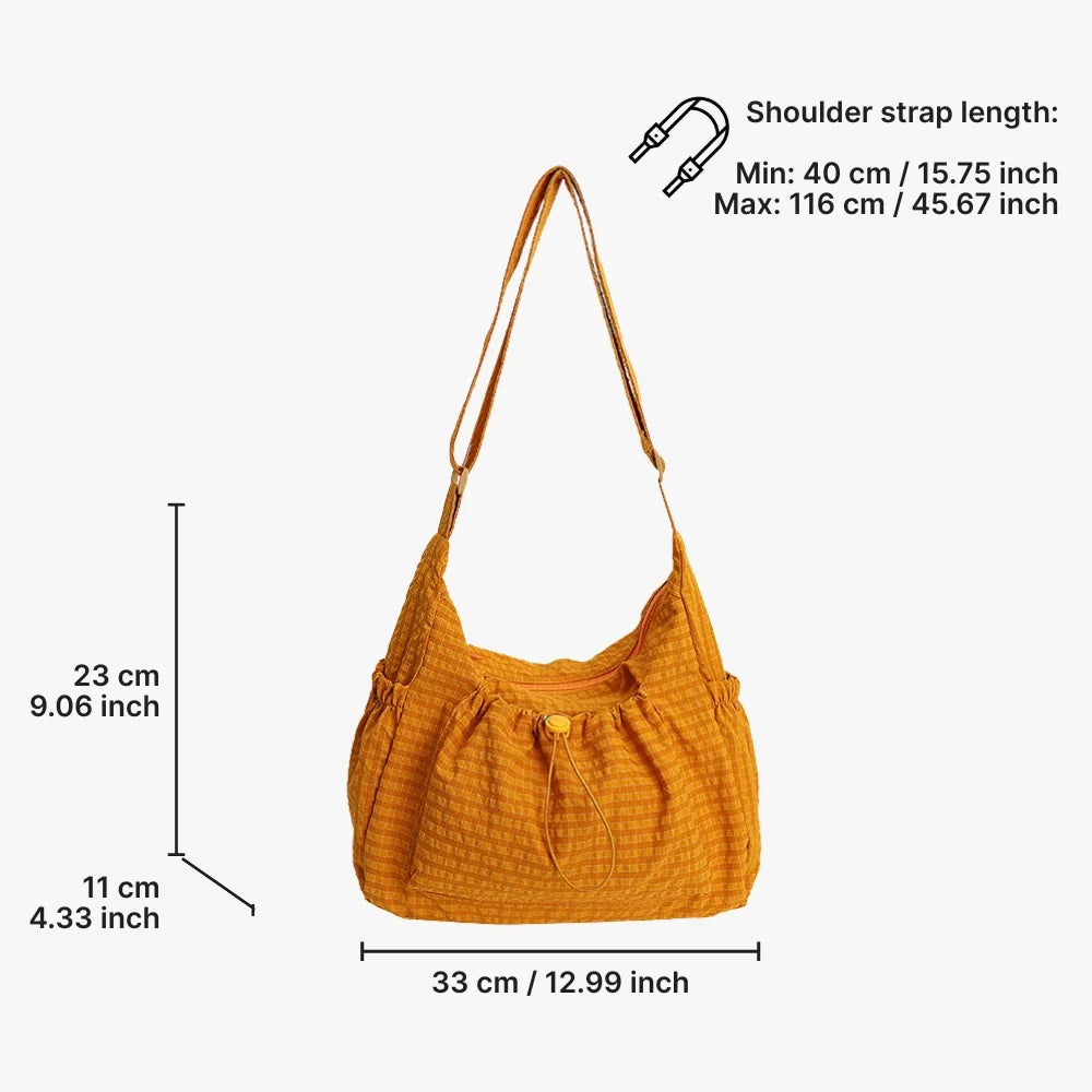 Crossbody Bag Checkered Nylon Polyester with Drawstring Front Pocket
