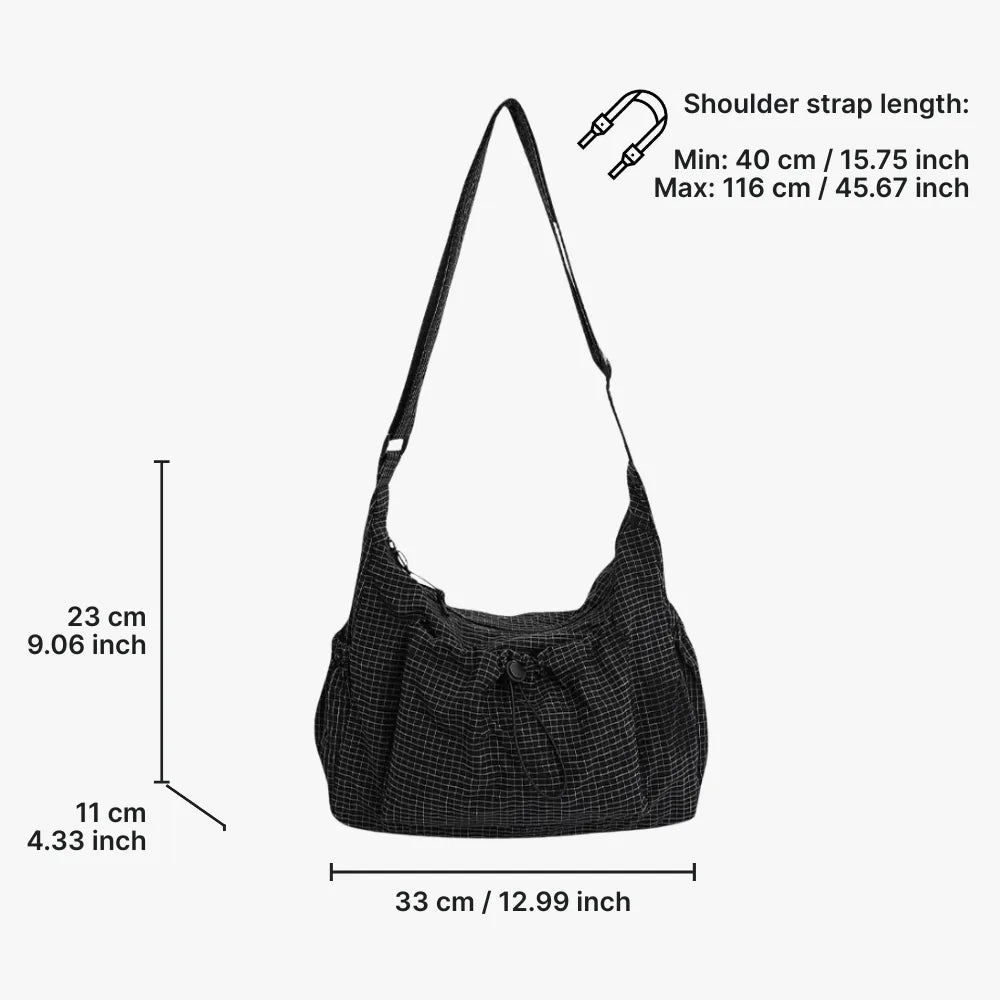 Crossbody Bag Checkered Nylon Polyester with Drawstring Front Pocket