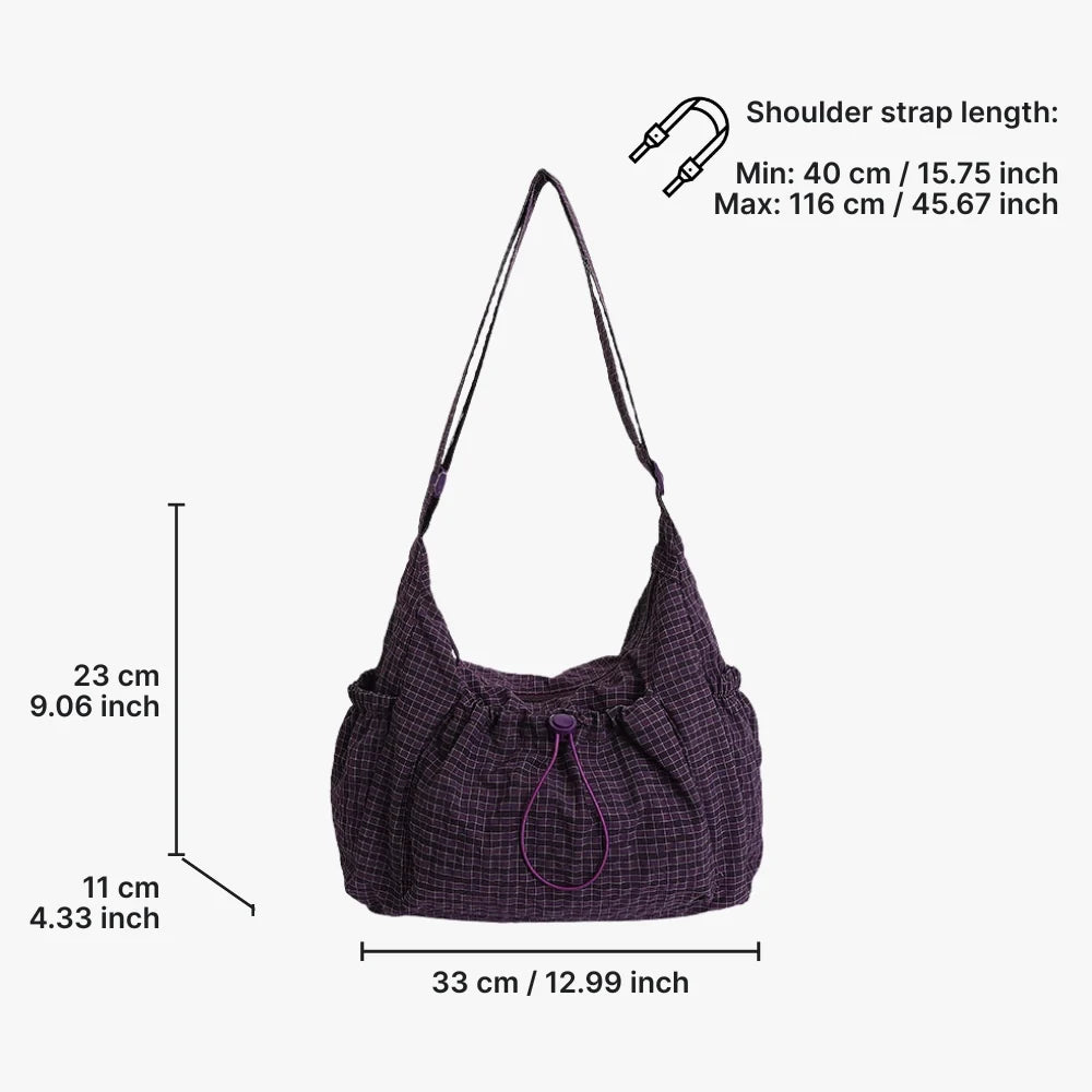 Crossbody Bag Checkered Nylon Polyester with Drawstring Front Pocket