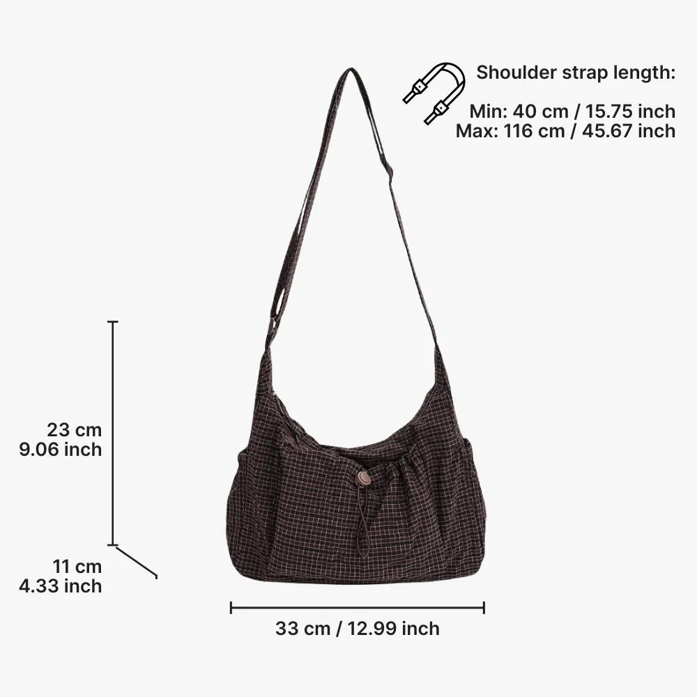Crossbody Bag Checkered Nylon Polyester with Drawstring Front Pocket