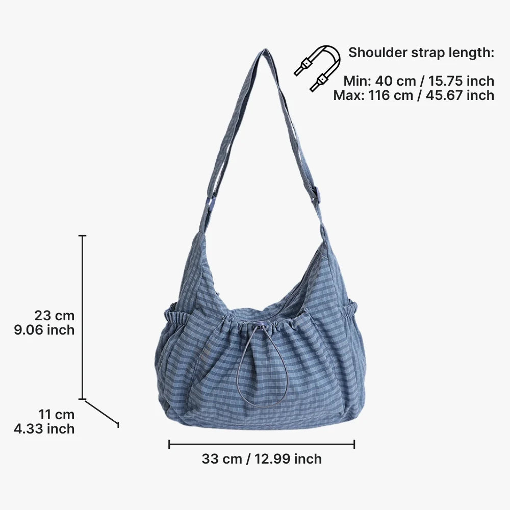 Crossbody Bag Checkered Nylon Polyester with Drawstring Front Pocket