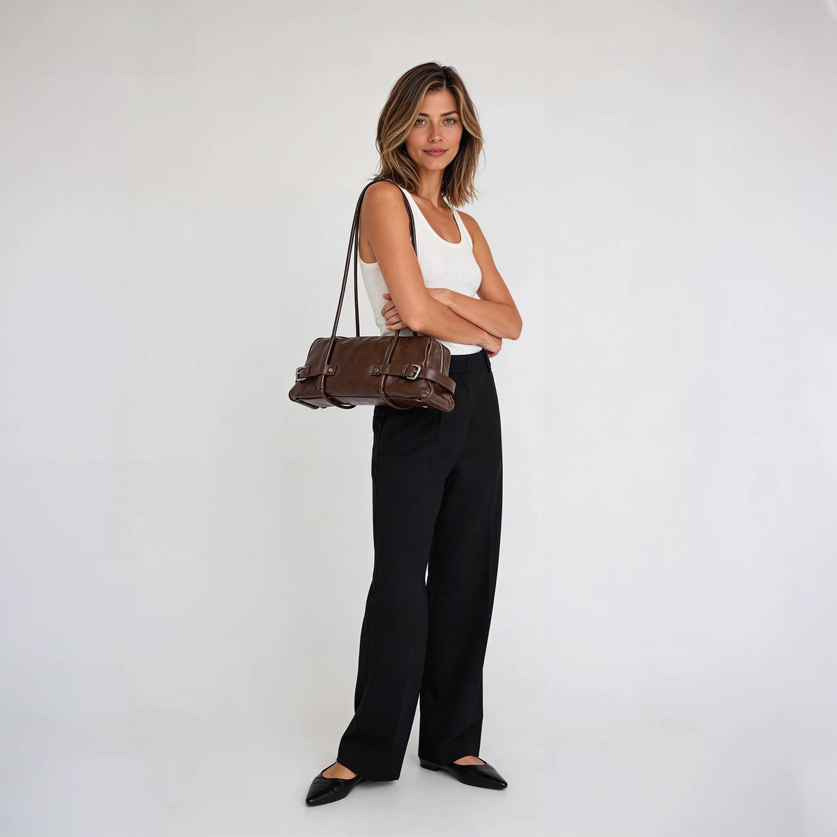 Shoulder Bag Faux Leather Glossy with Front Belt and Top Zip