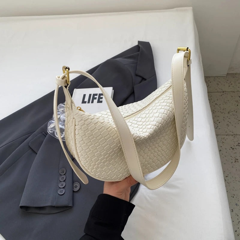 Crescent Bag Faux Leather Woven Detail with Zip and Strap