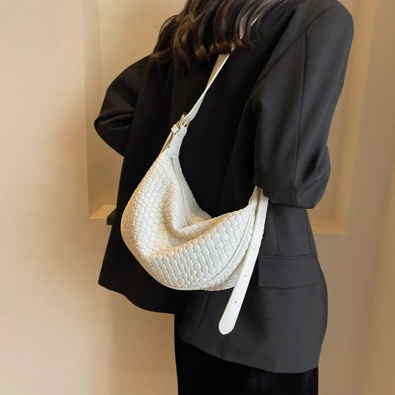 Crescent Bag Faux Leather Woven Detail with Zip and Strap