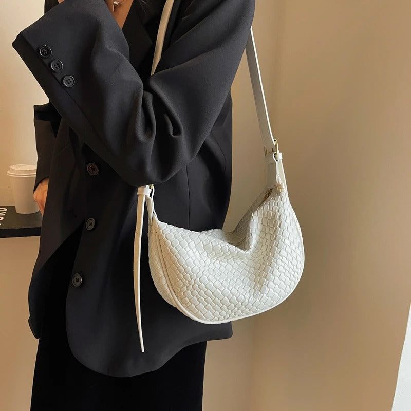 Crescent Bag Faux Leather Woven Detail with Zip and Strap