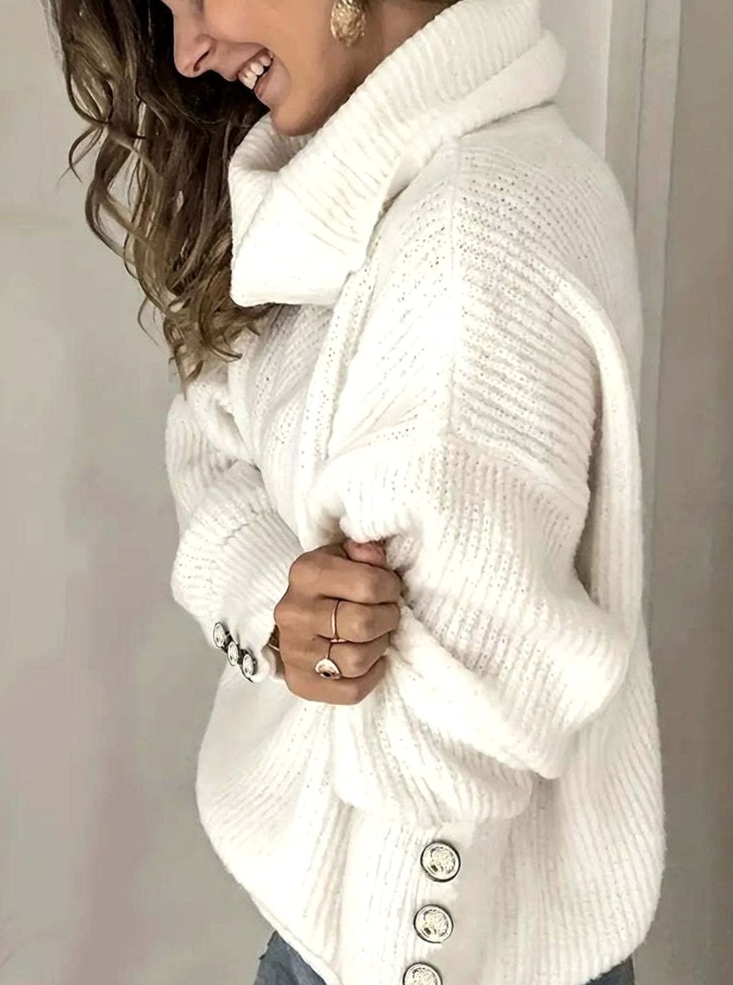 Folded Roll Neck Button Cuff Jumper