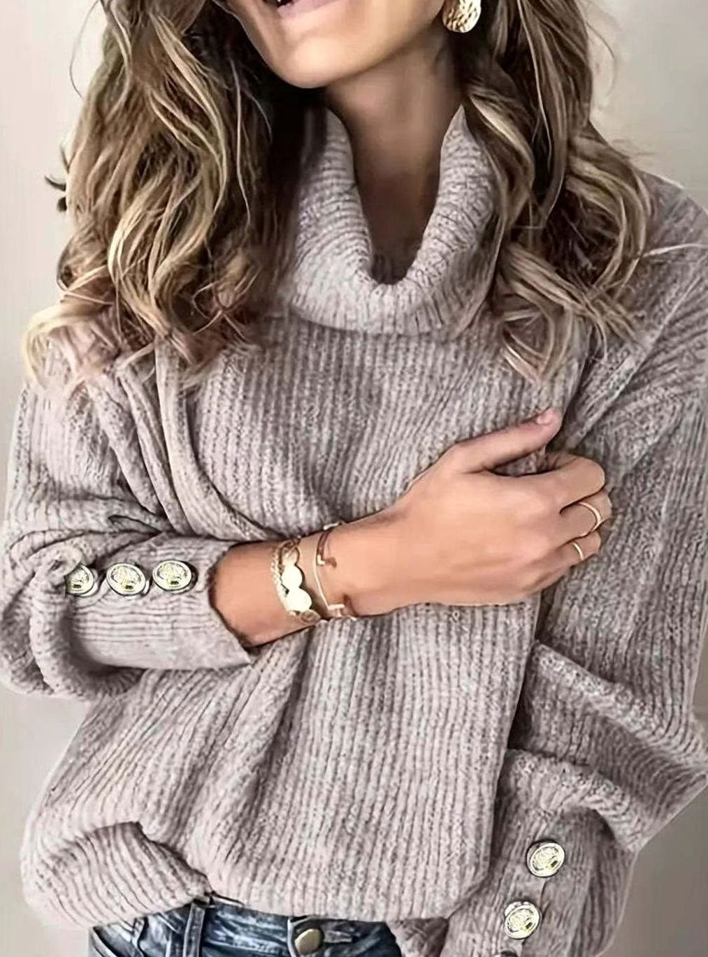 Folded Roll Neck Button Cuff Jumper