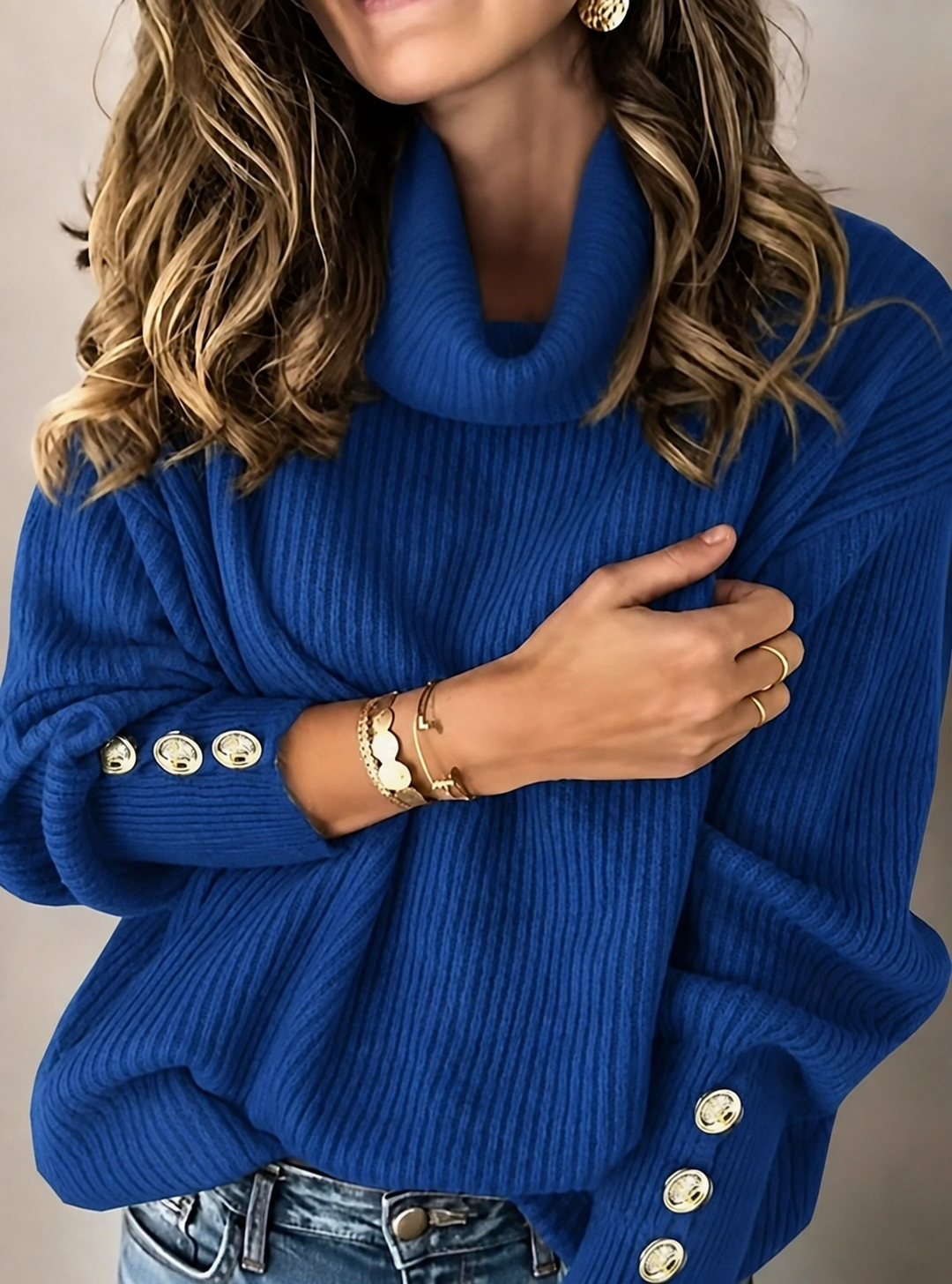 Folded Roll Neck Button Cuff Jumper