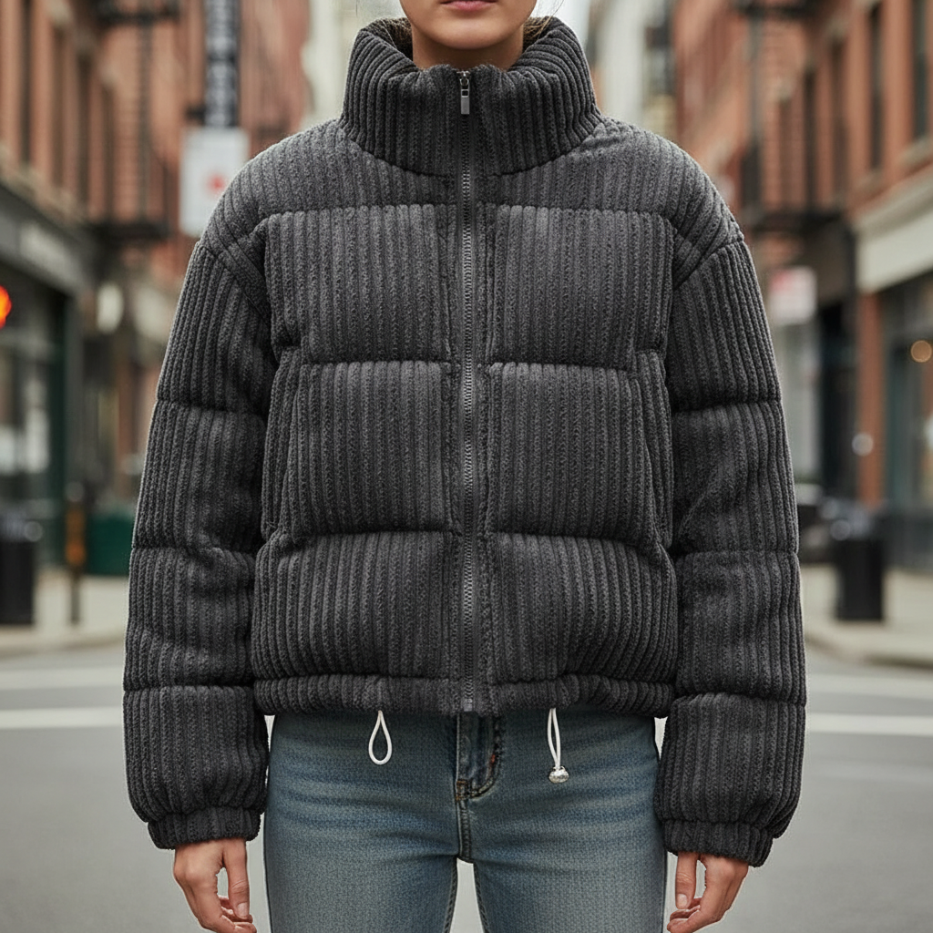 Puffer Jacket Corduroy Quilted Cropped Boxy with Elasticated Sleeves