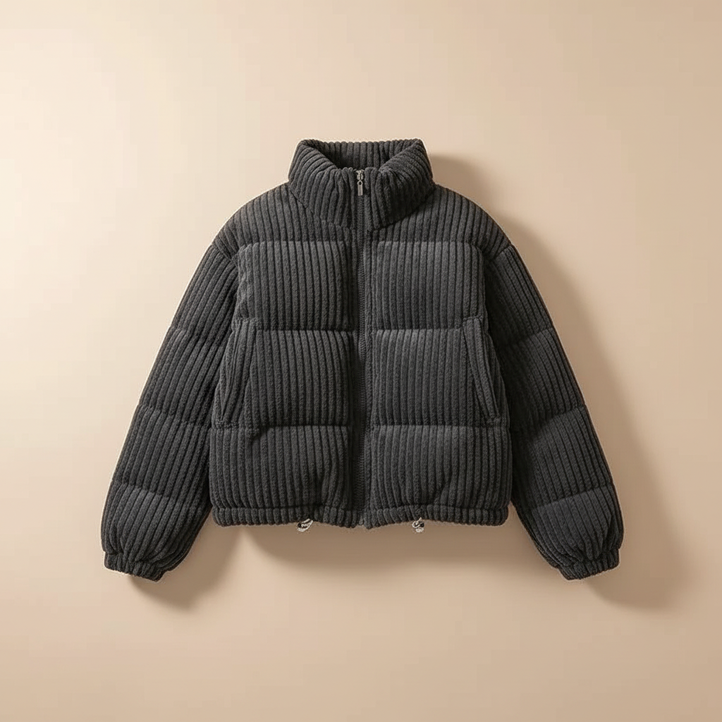 Puffer Jacket Corduroy Quilted Cropped Boxy with Elasticated Sleeves