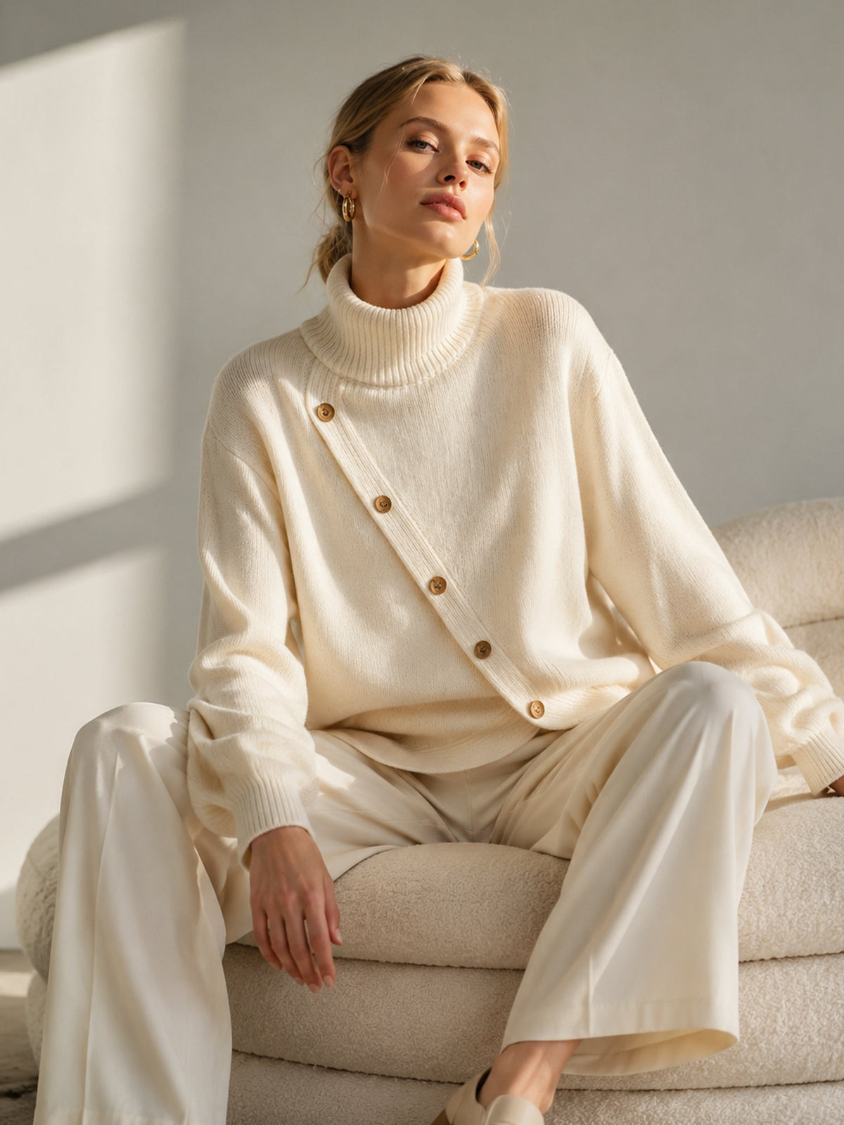Diagonal Button Roll Neck