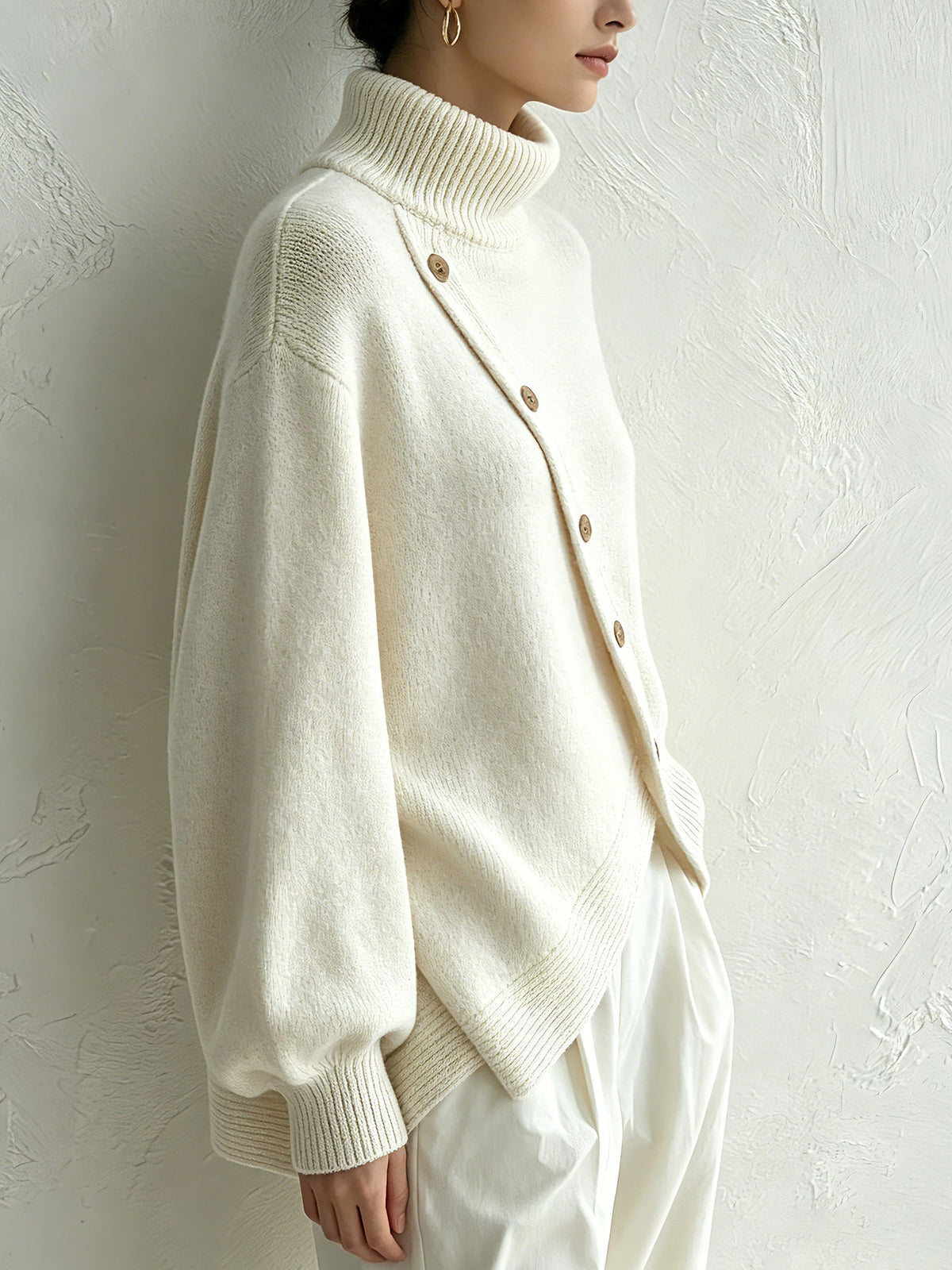 Diagonal Button Roll Neck