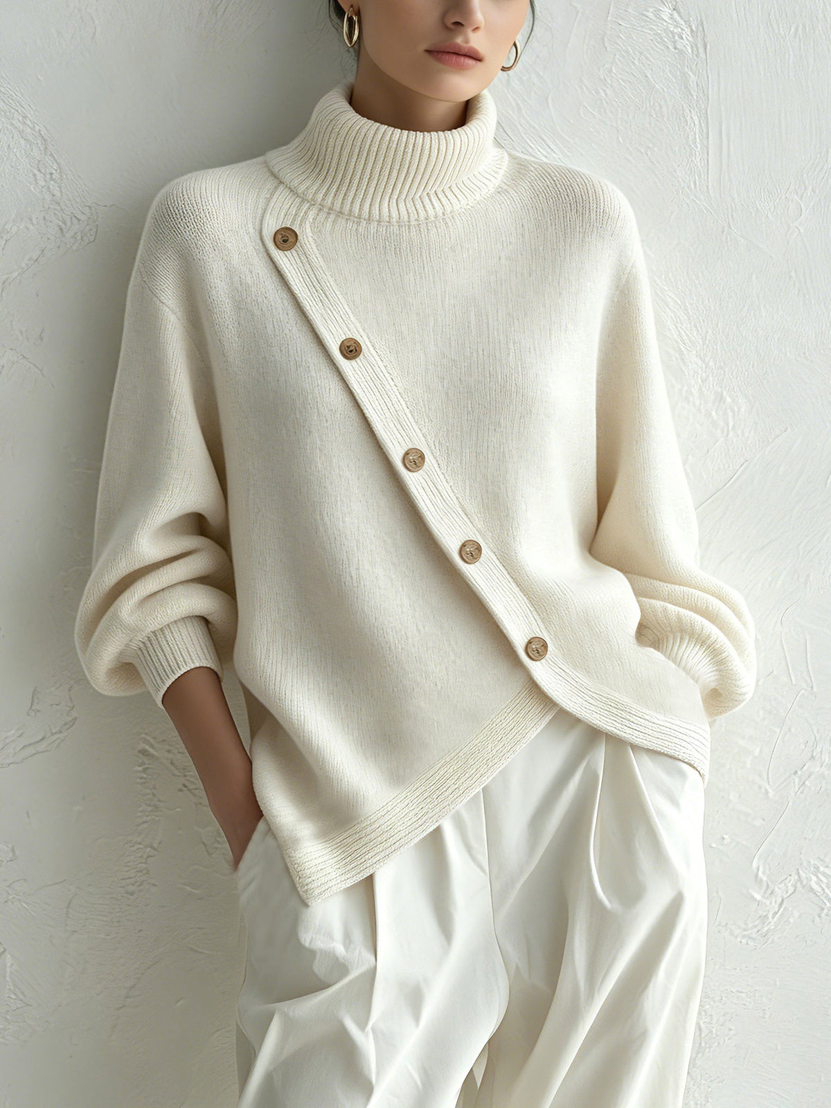 Diagonal Button Roll Neck