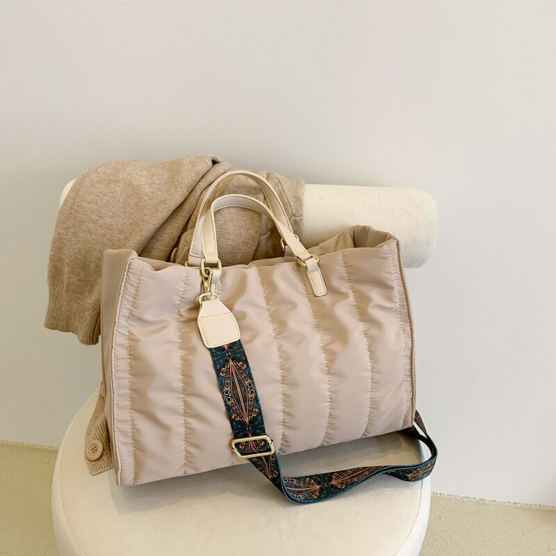Tote Bag Quilted Cotton Nylon with Top Handles and Canvas Strap