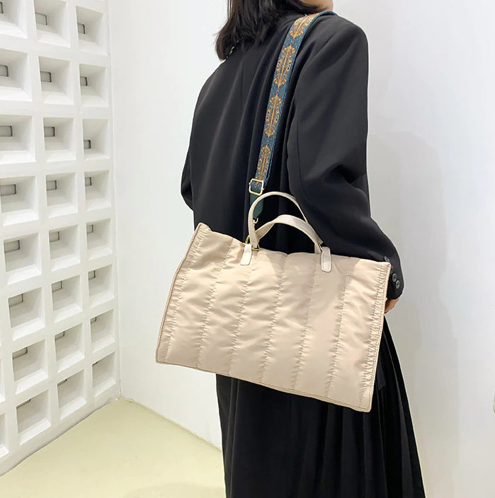 Tote Bag Quilted Cotton Nylon with Top Handles and Canvas Strap
