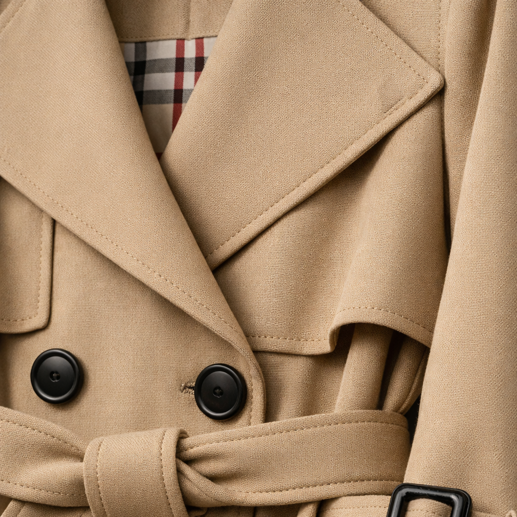 Trench Coat Cotton Blend Belted Tailored Long Fit with Side Pockets