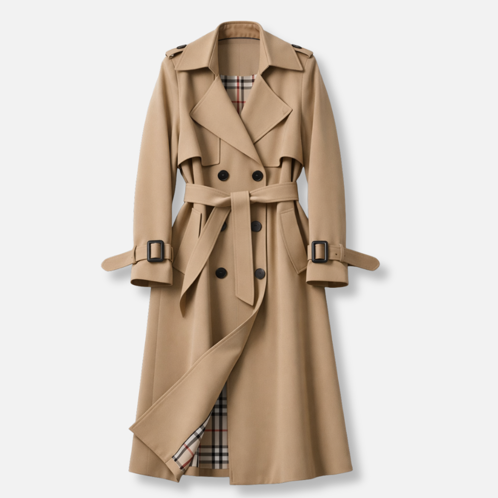 Trench Coat Cotton Blend Belted Tailored Long Fit with Side Pockets