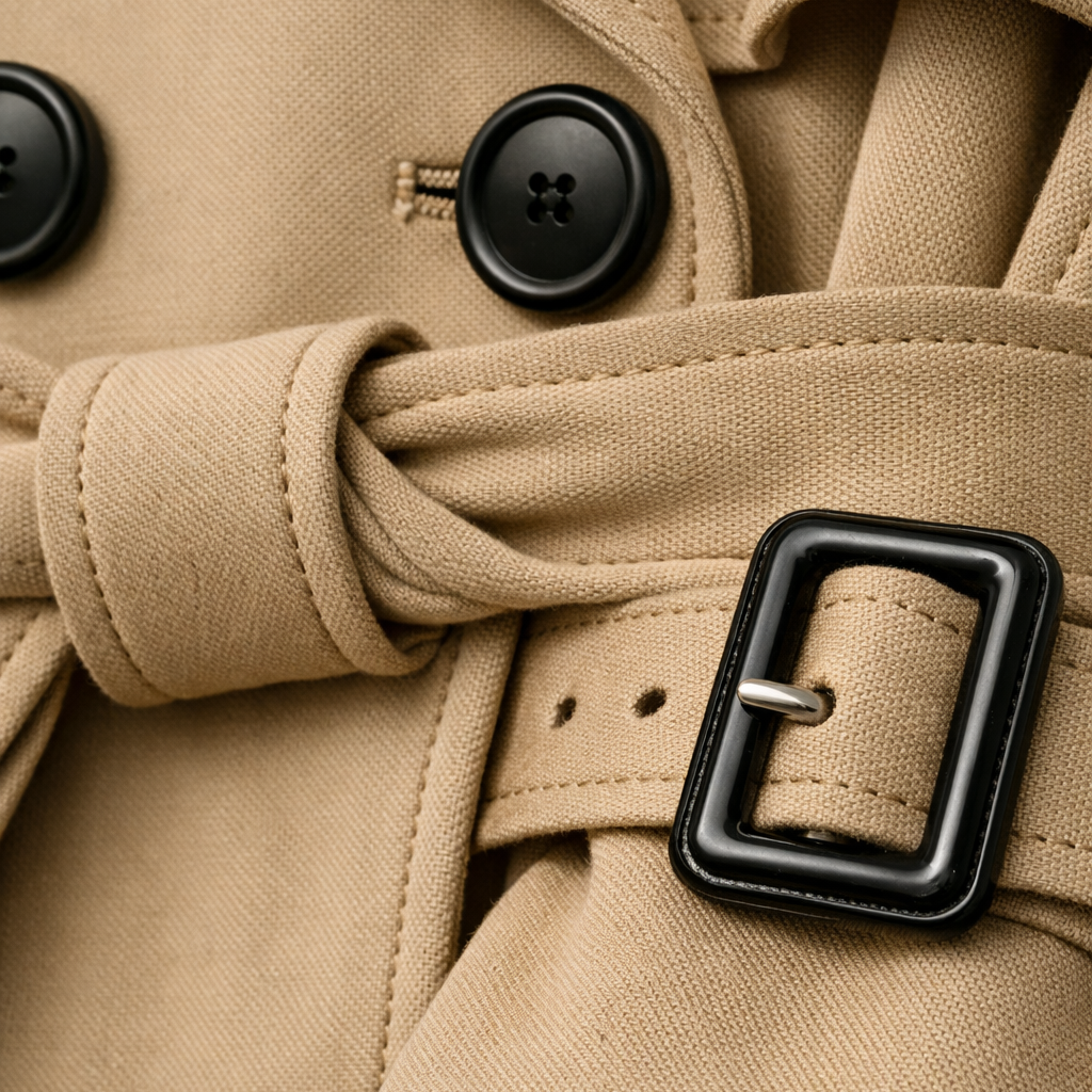 Trench Coat Cotton Blend Belted Tailored Long Fit with Side Pockets