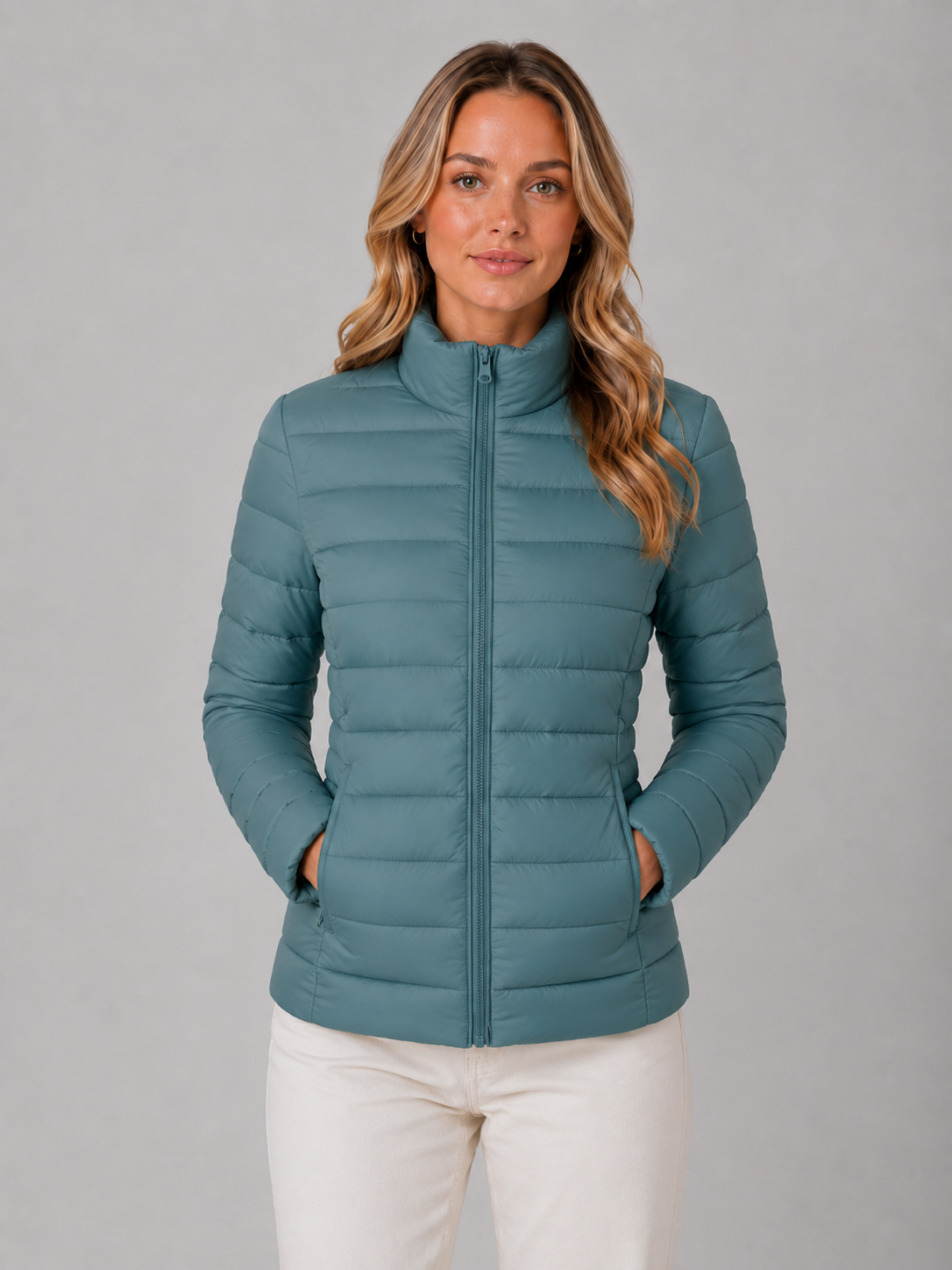 Puffer Jacket Polyester Slim Fit Lightweight with Stand Collar, Zip
